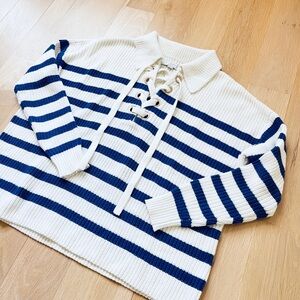 LOFT Striped Lace-Up Knit Sweater in White & Navy